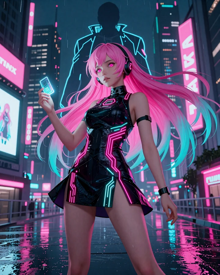 Eva, die Cyberpunk-Bonusverwalterin von Gizbo Casino, mit Max als Silhouette im Neo-Tokyo-Hintergrund